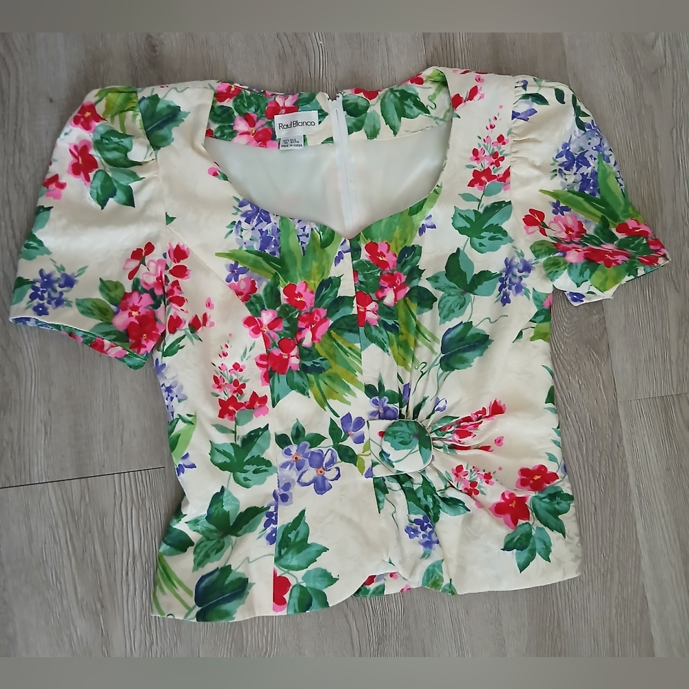 Raul Blanco Floral Blouse with Red and Green Accents